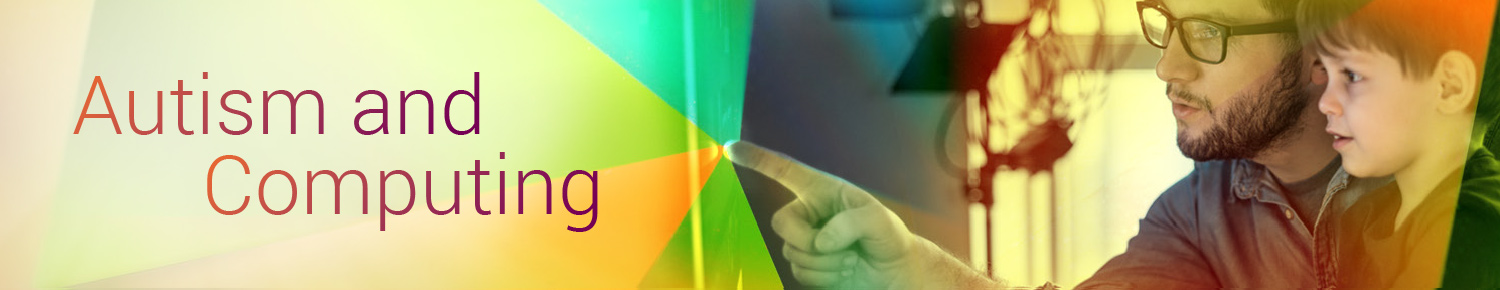 A father encourages his young son to look at a computer screen. Prismatic color and light sorrounds them.