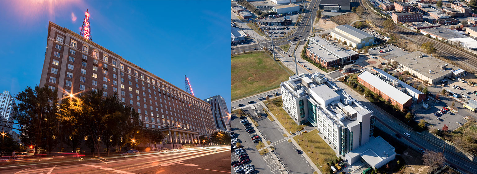 Two photos, one of the Biltmore Hotel building in the evening, from West Peachtree street, and an aerial view of Techology Enterprise Park