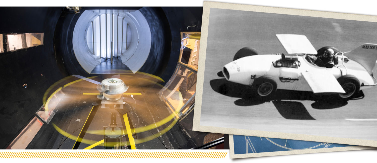 On left, the John Harper wind tunnel in the Guggenheim school. On right, Harper's winged vehicle design.
