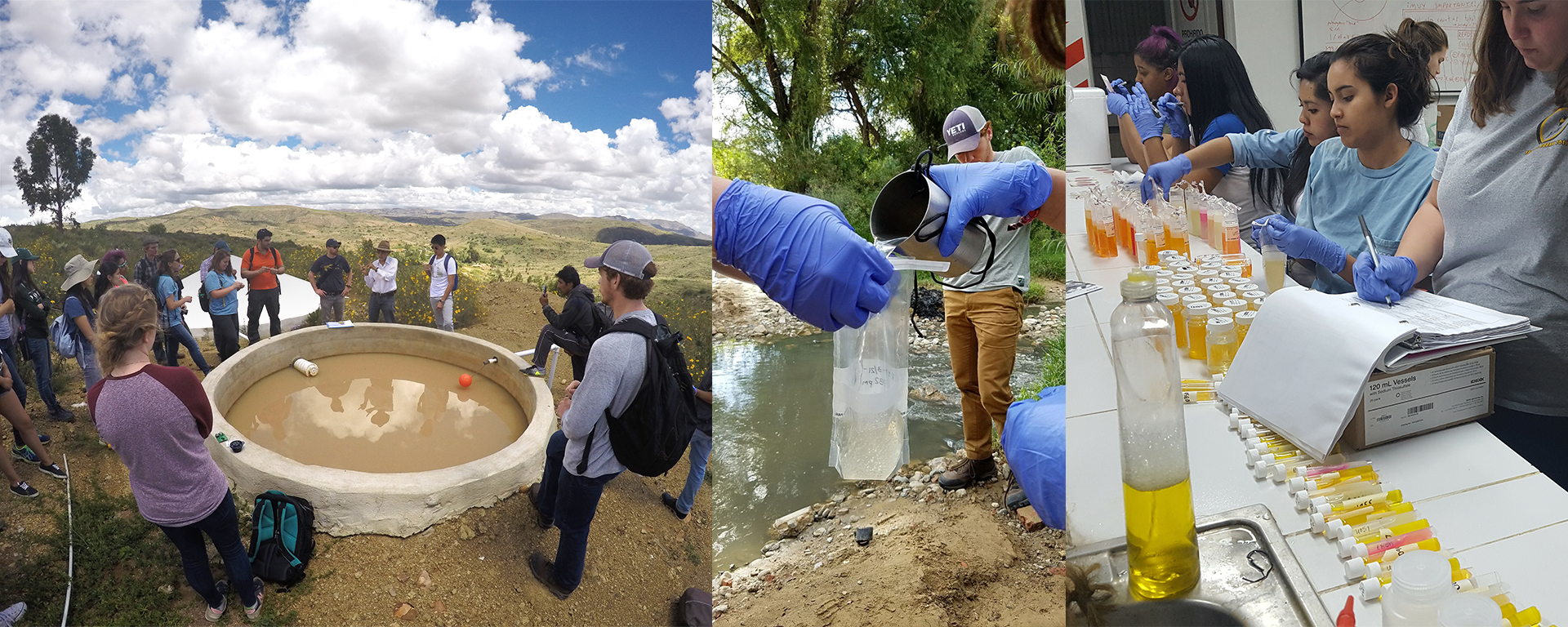 Three images: student group standing around a well listening to a local man; hands pouring water into a collection bag for testing; students in a lab surrounded by water containers with varying shades of yellow or orange water