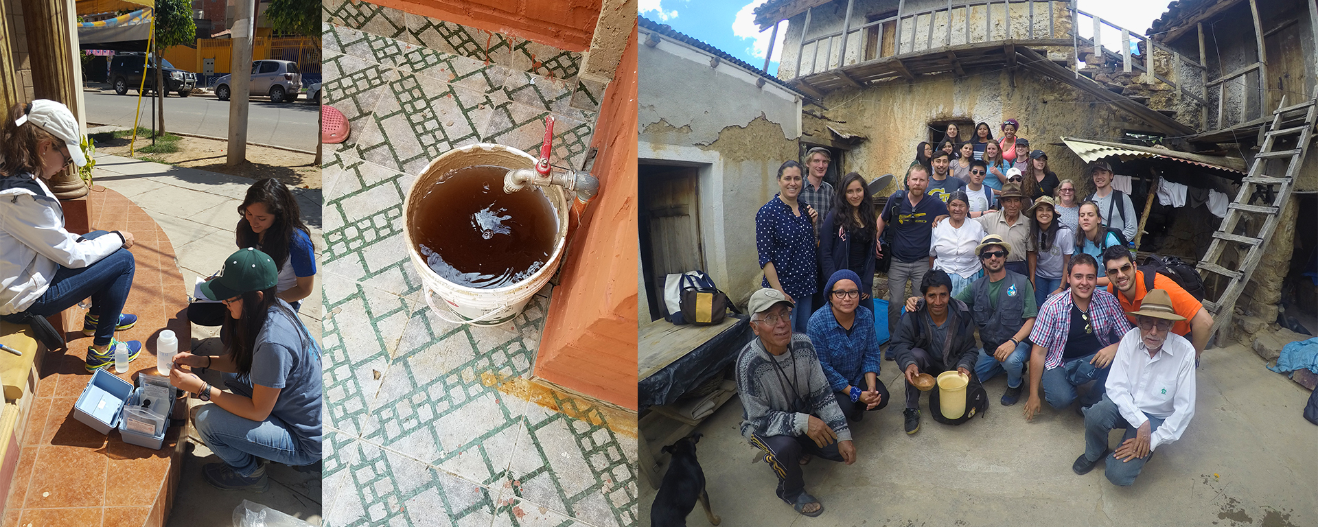 Three students with a testing kit on a city stoop; a bucket filled with brown water on a tile floor; a group photo including some local people