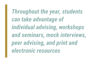 Throughout the year, students can take advantage of individual advising, workshops and seminars, mock interviews, peer advising, and print and electronic resources.