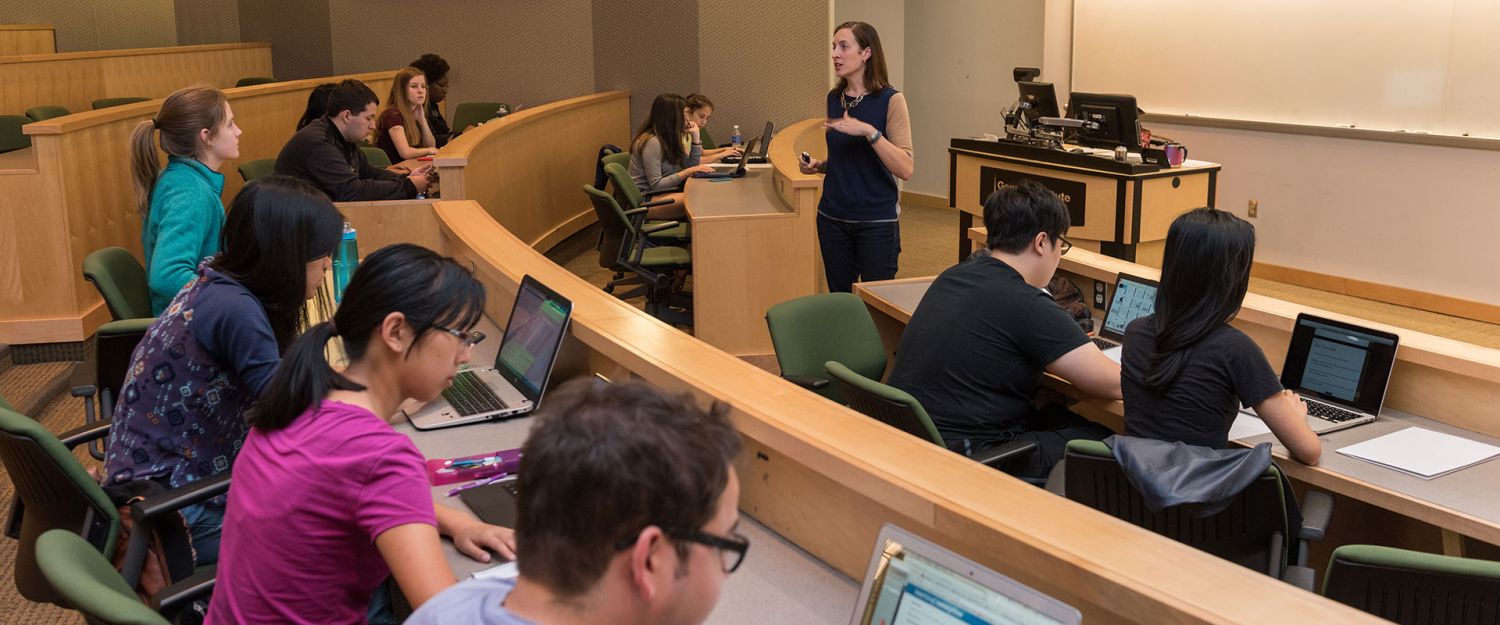 photo - Linda Green with students in lecture hall
