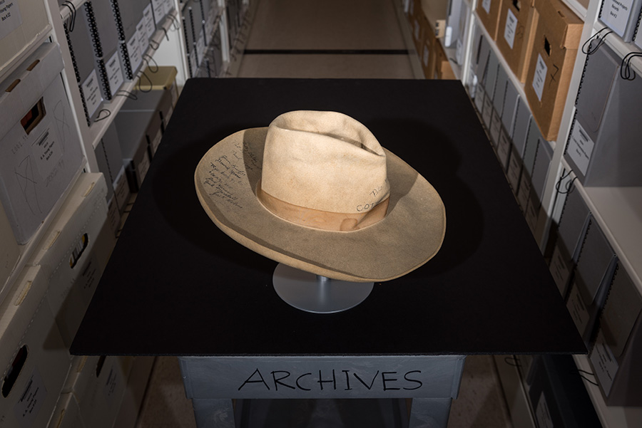 Student Robert D. Neill wore this hat to the 1943 Cotton Bowl. It bears the signatures of about 15 team members.