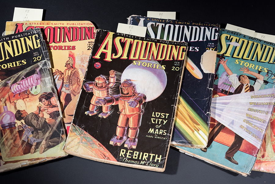 Professor Bud Foote’s science fiction collection includes books, magazines, and first edition fanzines.