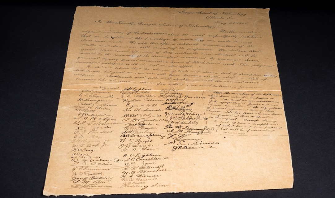 On May 24, 1908, a group of Tech students petitioned to remove their coats during class. Results of the request are unclear.