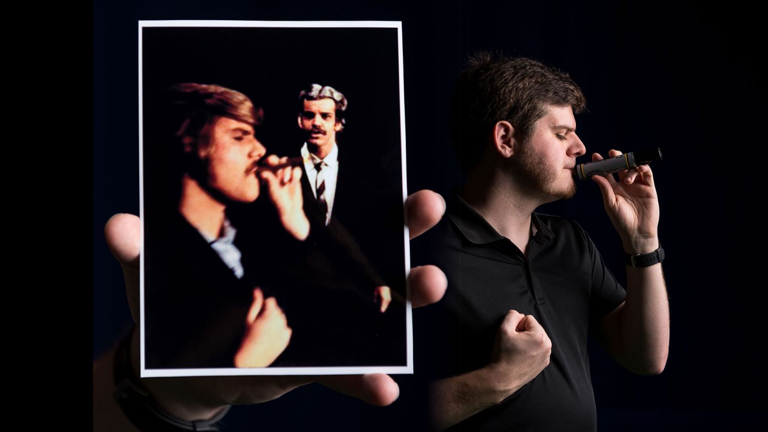 photo composite - student holding vintage photo, and present day photo of student