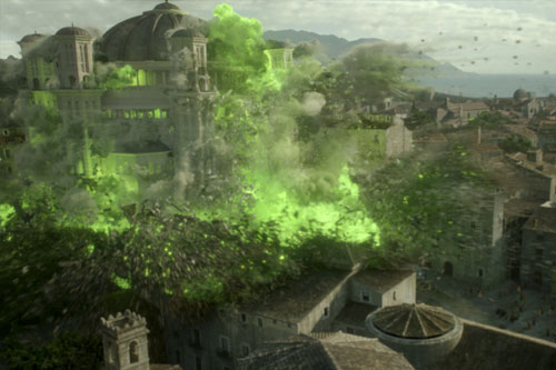 Game of Thrones scene in which Wildfire is shown destroying the Great Sept of Baelor
