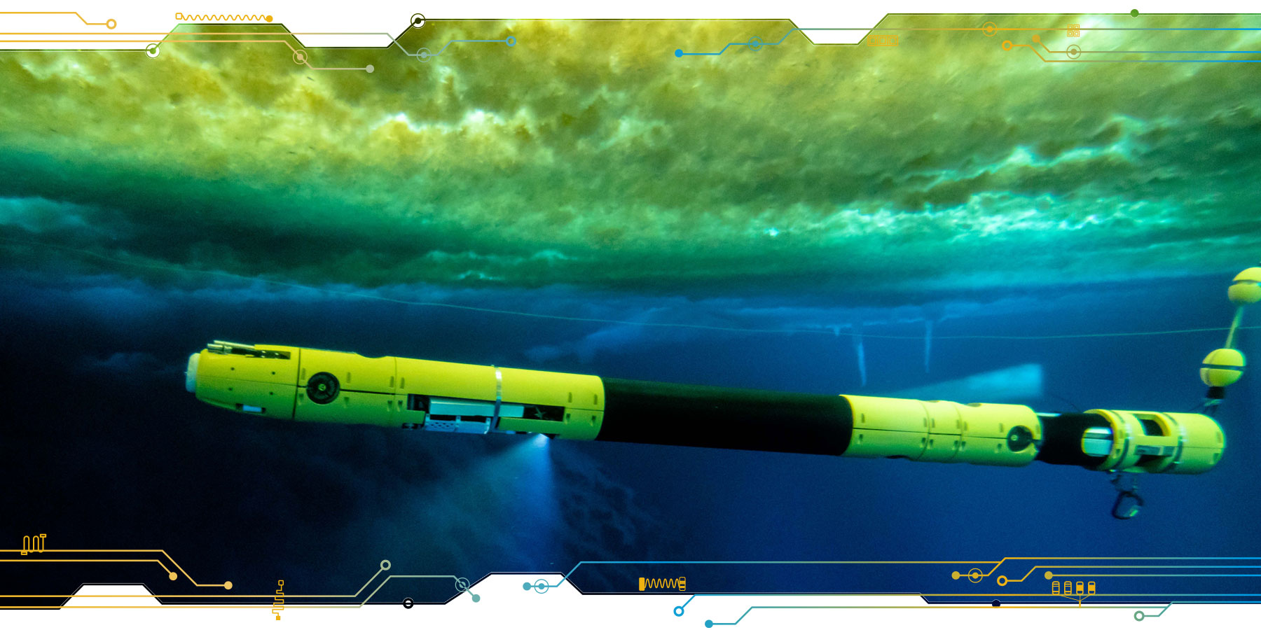 A photographic illustration of Icefin, shown larger than life under an iceburg topped with researcher tents shown in miniature