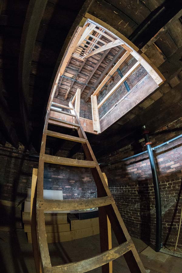 A wooden ladder provides access to the Tower’s second floor.