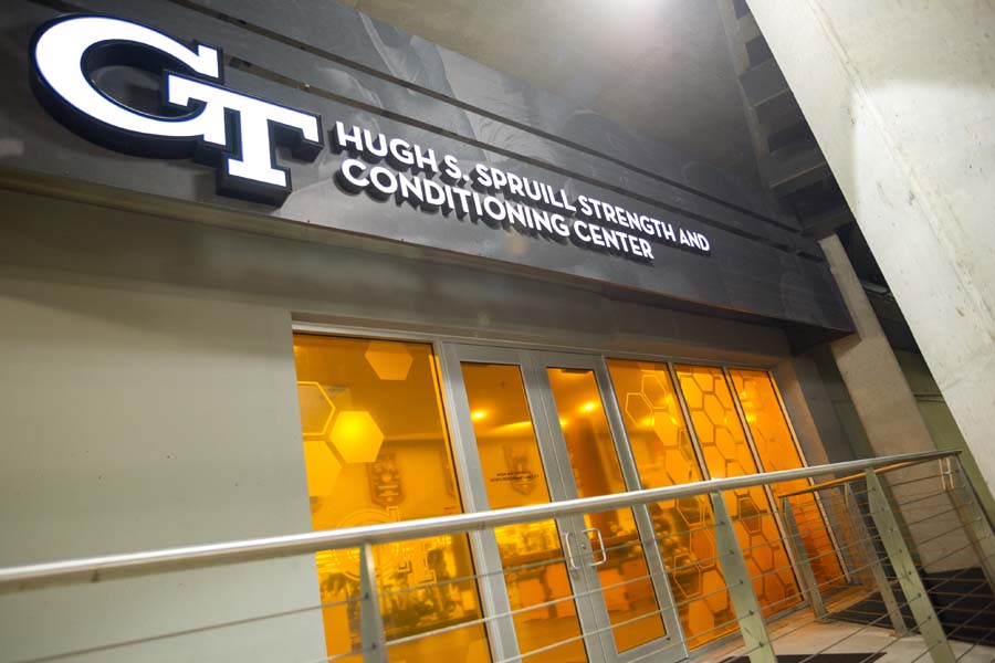 The Hugh S. Spruill Strength and Conditioning Center is located under the south stands of Bobby Dodd Stadium.
