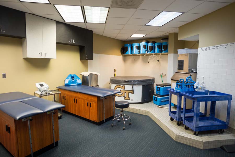 Training room for men’s basketball inside the Judy and Steve Zelnak Basketball Practice Facility.