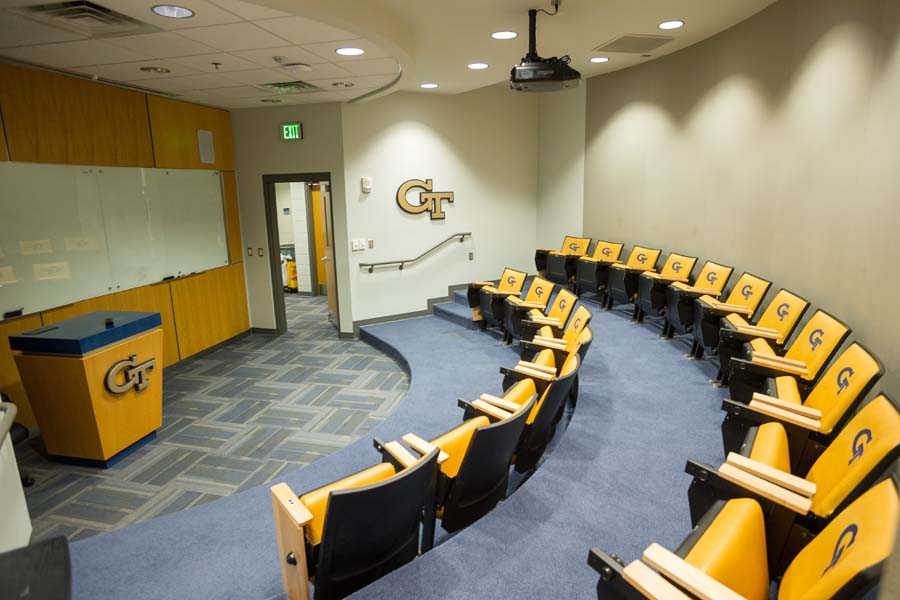 Basketball teaching theater inside the Judy and Steve Zelnak Basketball Practice Facility.