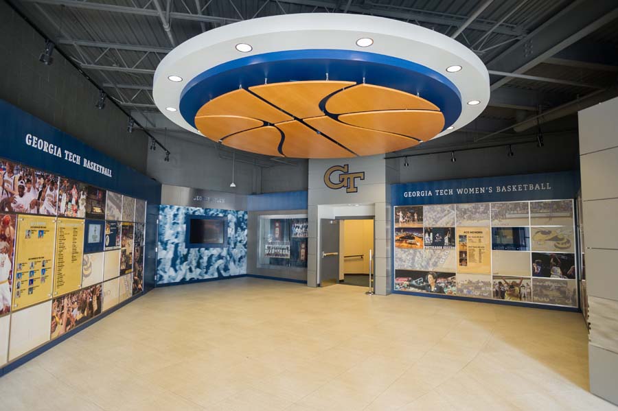 Lobby of the Judy and Steve Zelnak Basketball Practice Facility.