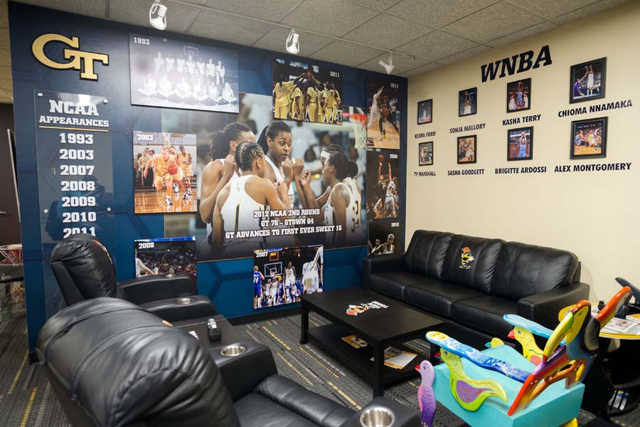 Women’s basketball lounge, showcasing Tech players in the WNBA.