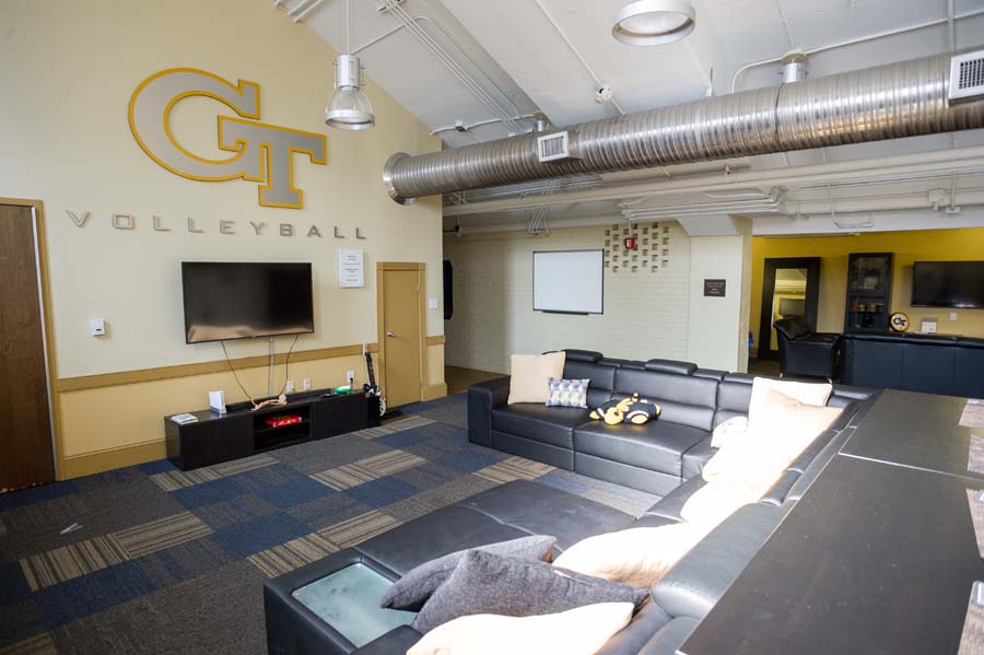 Women’s volleyball lounge in the O’Keefe Building, which used to be a high school.