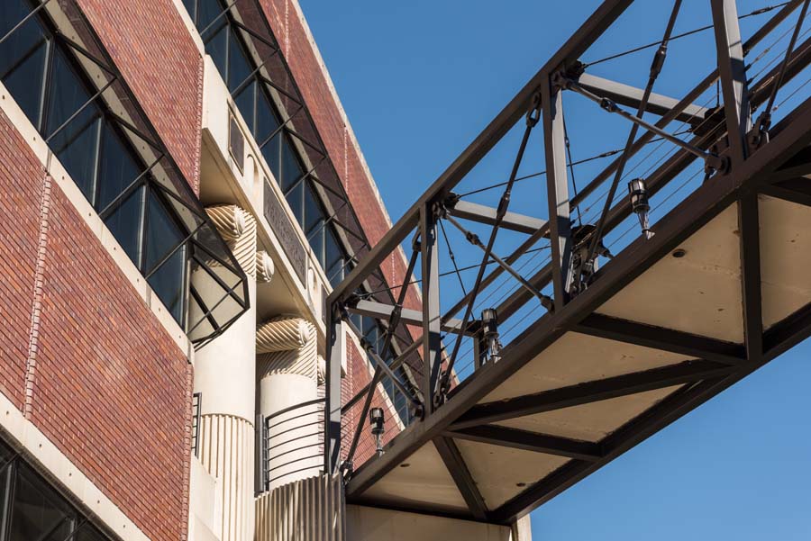 Pedestrian bridges dramatize arrival and entry into the Fuller E. Callaway Jr. Manufacturing Research Center.