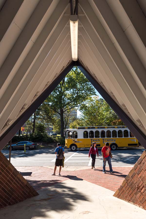 The bus shelter on Ferst Drive is a great spot to wait for the Tech Trolley.