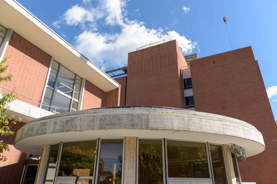 The circular form of the rotunda at the Price Gilbert Library makes an event of the act of arrival and entry.