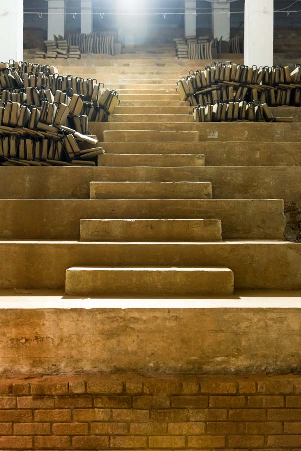 Today the space underneath the stands is used for storing game-day supplies, such as cushioned seatbacks.