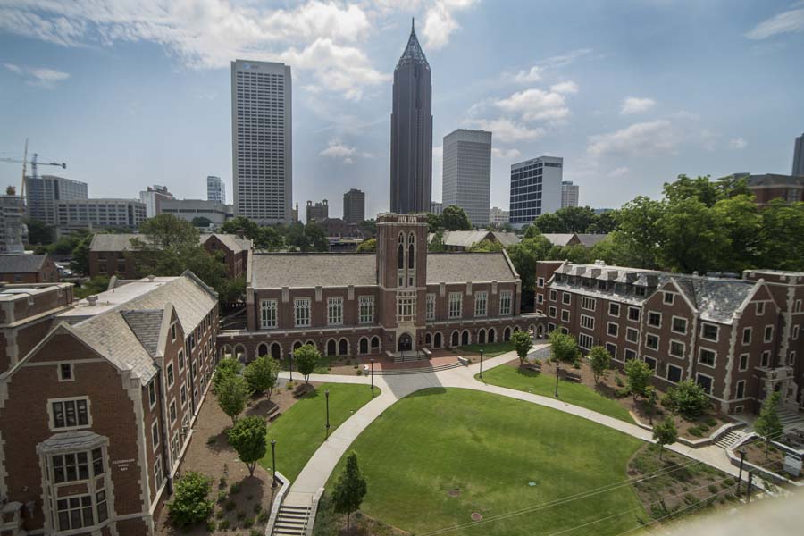 View of Brittain Dining Hall and the Atlanta skyline from the east stands of Bobby Dodd Stadium. Hidden Georgia Tech Daisy's Apartment