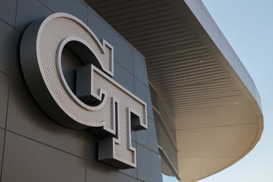 The interlocking GT, the logo for Georgia Tech's athletic teams, adorns McCamish Pavilion.
