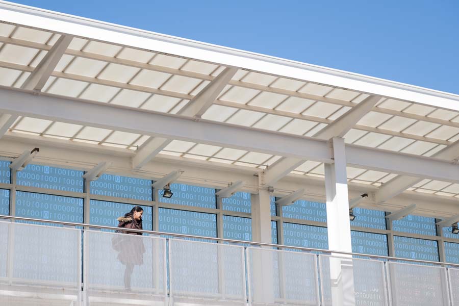 The binary skywalk connects the Klaus Advanced Computing Building to the rest of the Information Technology Complex.