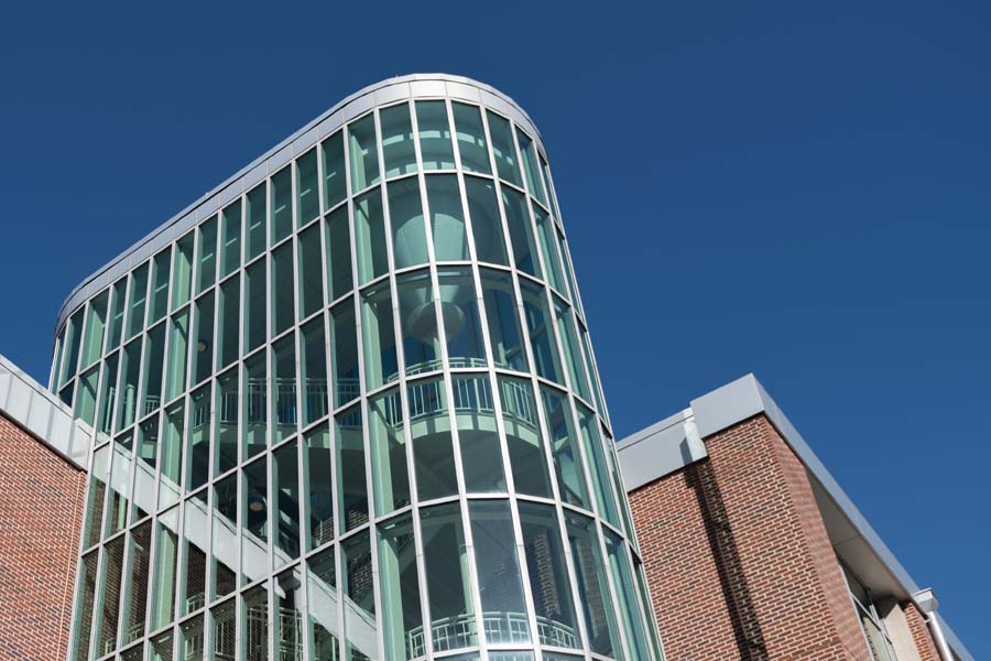 Glass-enclosed stairwell of the Ford Environmental Science and Technology Building.