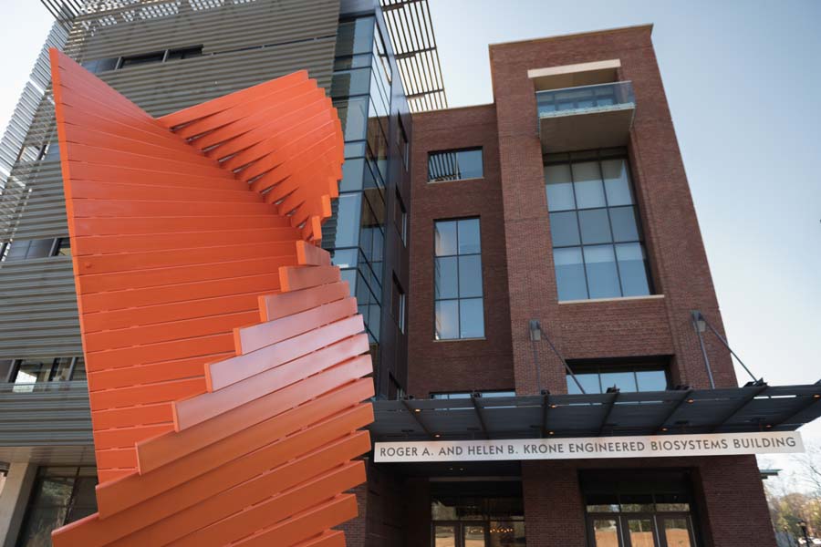 The Krone Engineered Biosystems Building features "Without Within," a 19-foot tall outdoor sculpture by artist Robert Winkler of Asheville, North Carolina.