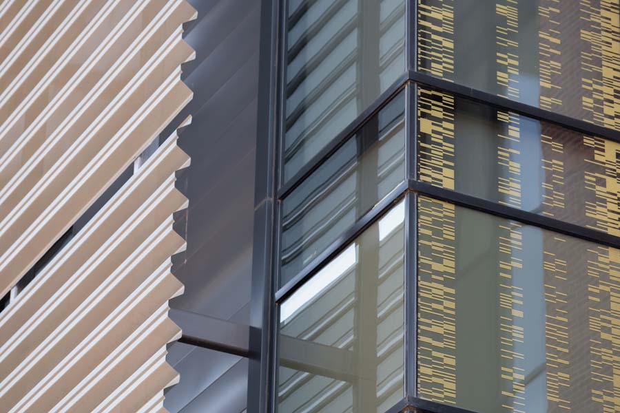 At the Krone Engineered Biosystems Building, a window frit graphic is inspired by morphogenesis and genetic heat mapping.