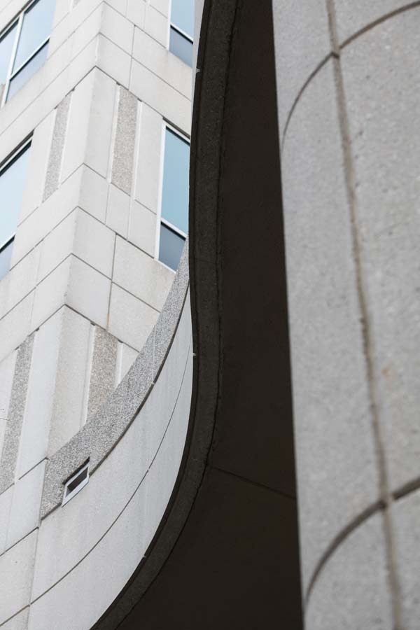 Angles and curves of the exterior of the GTRI Building at 14th Street.