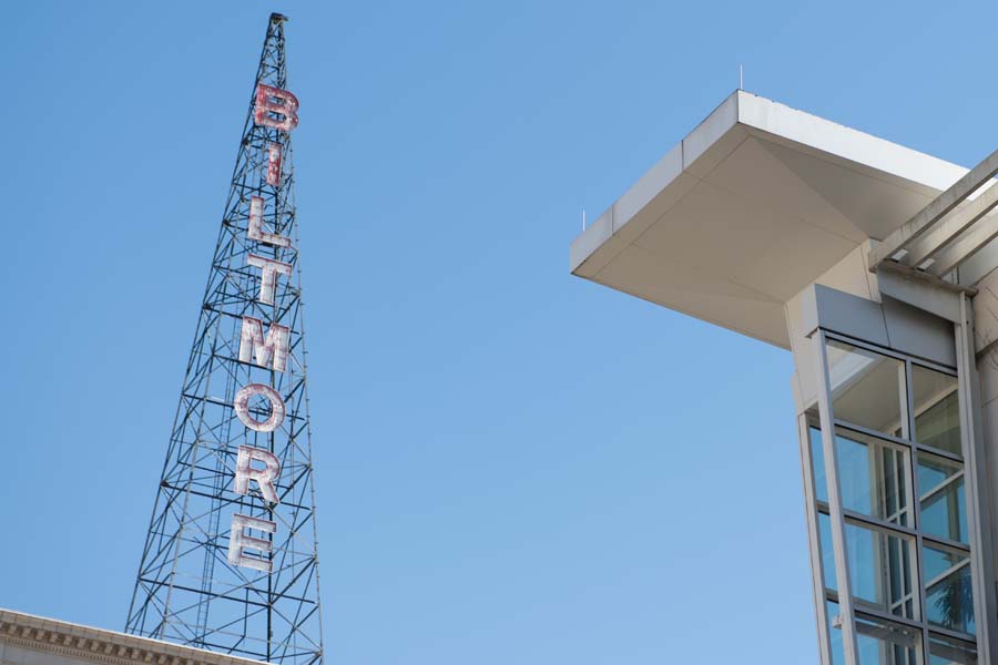 New meets old: The Scheller College of Business is across the street from the historic Biltmore, which was acquired by Georgia Tech in 2016.