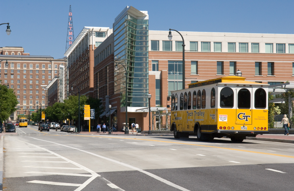 The Tech Trolley ferries passengers from the main campus to Tech Square and the Midtown MARTA station.