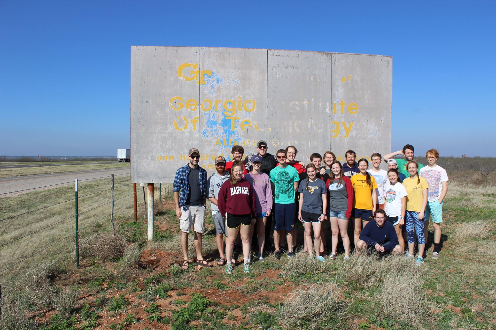 Students from the Christian Campus Fellowship pose in front of a Georgia Tech sign while driving through Texas on their way to Juarez, Mexico. 

Credit to Ellen Murphy.