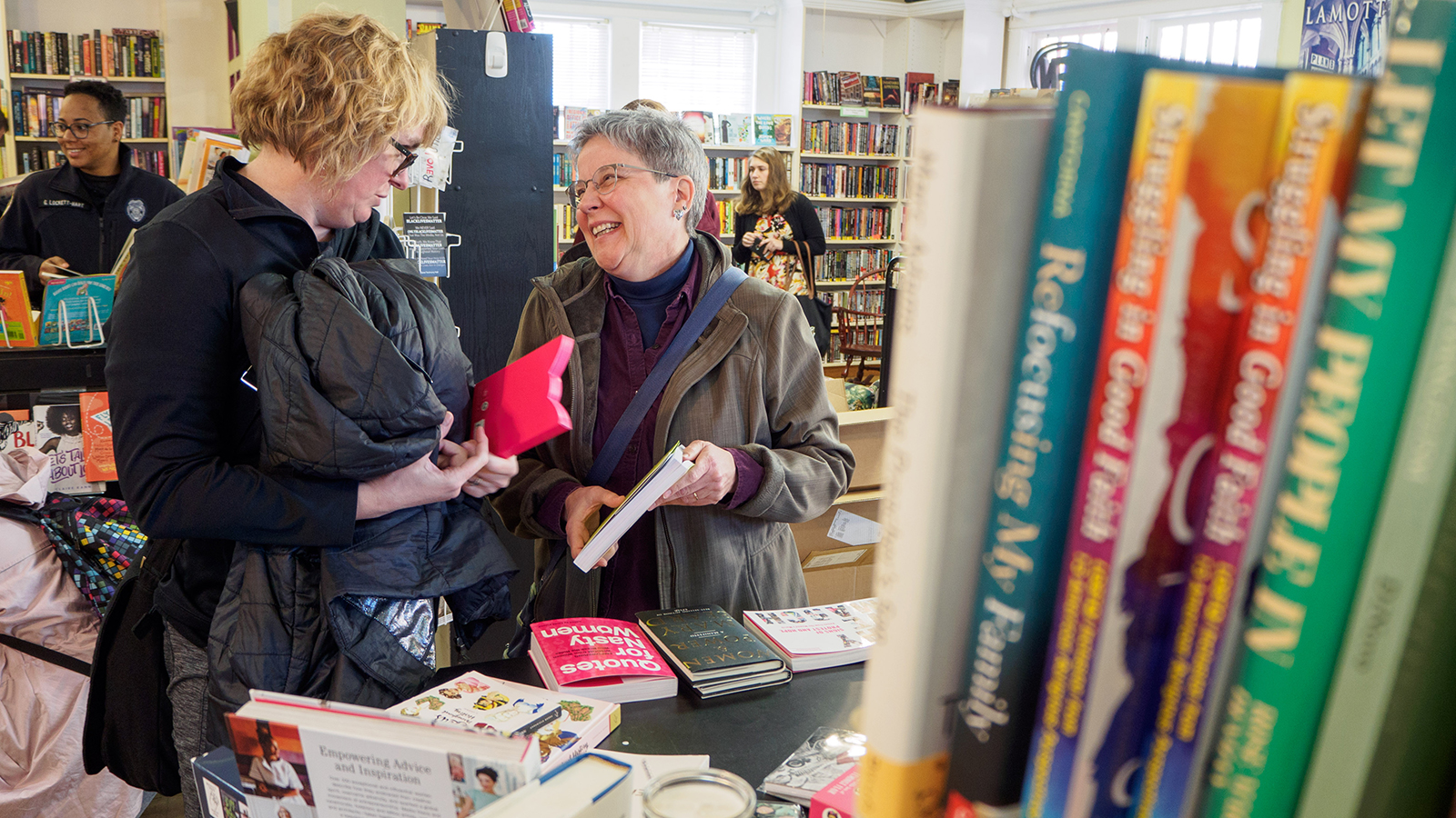 Beki Grinter (left) and Ann Gerondelis (right) at Charis Books and More. 