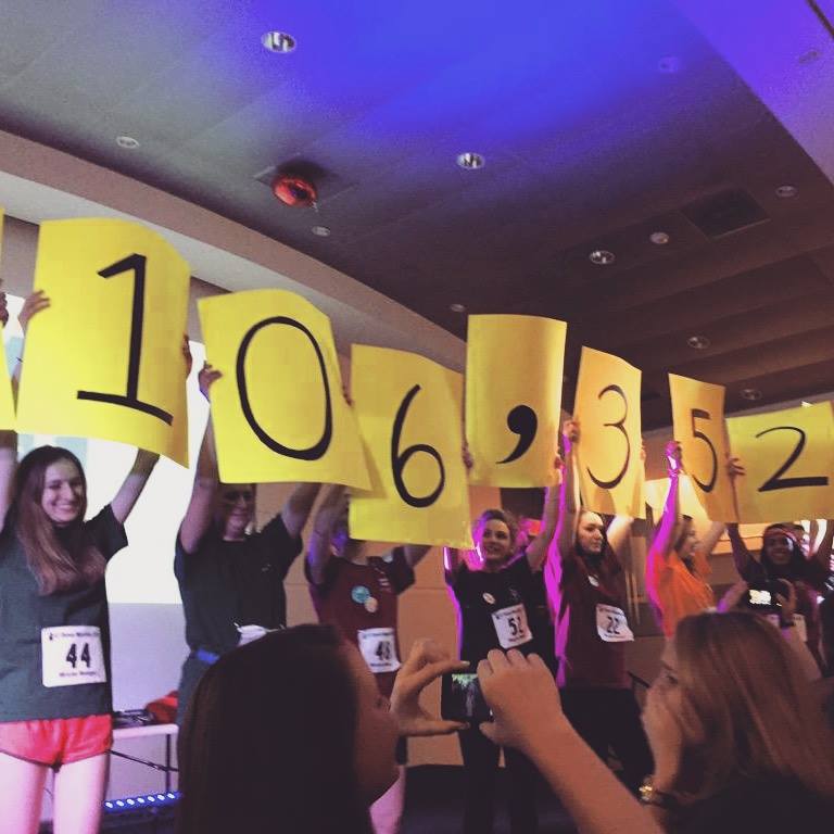 Participants celebrate raising $106,352 at Dance Marathon 2015.