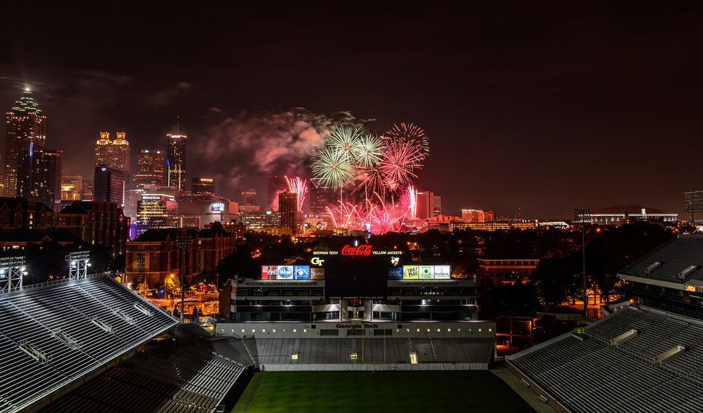 Fireworks at Centennial Olympic Park as seen from Bobby Dodd Stadium on July 4, 2012. Photo courtesy of Danny Karnik.