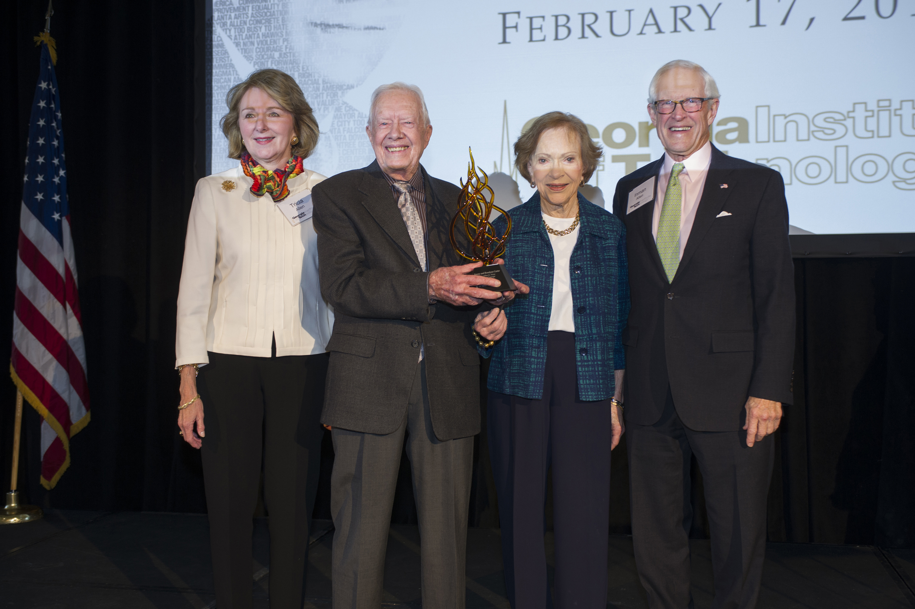 Former president and first lady Jimmy and Rosalynn Carter stand with Ivan Allen Jr.'s son, Inman Allen, right, and daughter-in-law, Tricia Allen, left.