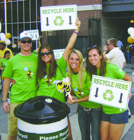 Students raise awareness about the Game Day Recycling program at a Tech football game. The program diverted 21 tons of glass, aluminum, cardboard, plastic and other recyclables away from landfills this year.  