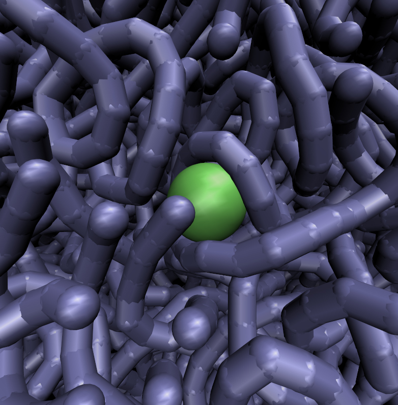 Naturally occurring DNA is in constant motion, researchers hypothesize, and transports large transcription factors (depicted in green) through its tangles until they reach sites where they bind and carry out their activity. Here a still image from a very large, unique simulation.