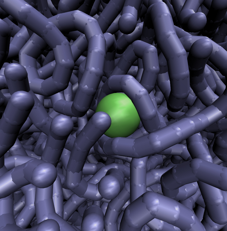 Naturally occurring DNA is in constant motion, researchers hypothesize, and transports large transcription factors (depicted in green) through its tangles until they reach sites where they bind and carry out their activity. Here a still image from a very large, unique simulation. Naturally occurring DNA is in constant motion, researchers hypothesize, and transports large transcription factors (depicted in green) through its tangles until they reach sites where they bind and carry out their activity. Here a still image from a very large, unique simulation.
