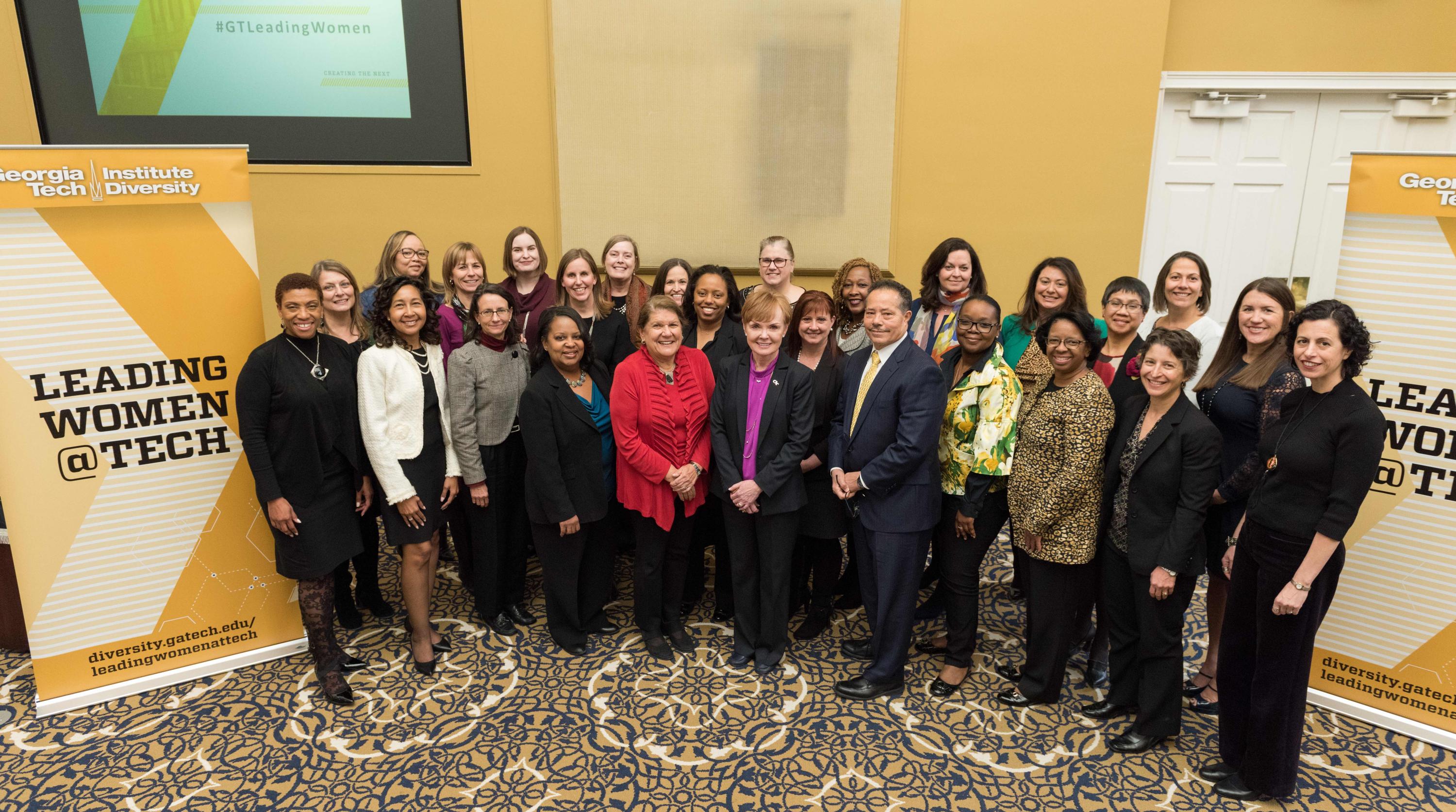 The second cohort of 23 women leaders were recently honored at the Leading Women@Tech closing ceremony for completing the program. Leading Women@Tech is co-facilitated by Pearl Alexander (far left), executive director of diversity, inclusion, and engagement, and Julie Ancis (far right), associate vice president for Institute Diversity. 