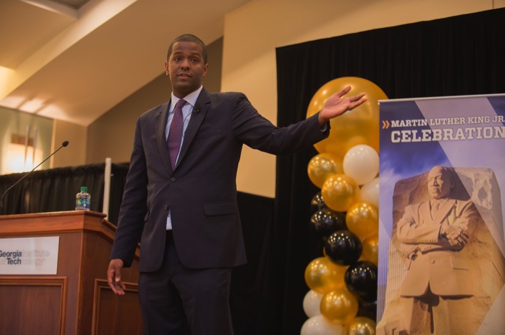 During Georgia Tech’s MLK Lecture on January 11, Bakari Sellers, CNN political analyst, lawyer, and activist, honored Dr. King’s legacy while setting the agenda for the next civil rights movement with students, faculty, staff, and community members. During his remarks, Sellers asked the audience: “How far have we come, and where do we go from here?”

Photo by Christopher Moore