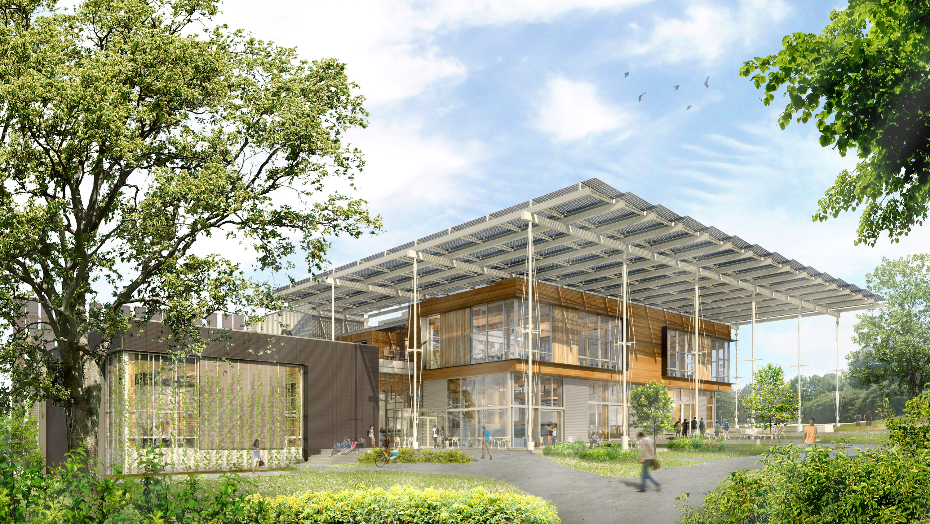 This perspective demonstrates how the Living Building's "porch" integrates the building with the Eco-Commons to the west.
Image courtesy of The Miller Hull Partnership in collaboration with Lord Aeck Sargent. This perspective demonstrates how the Living Building's "porch" integrates the building with the Eco-Commons to the west.
Image courtesy of The Miller Hull Partnership in collaboration with Lord Aeck Sargent.