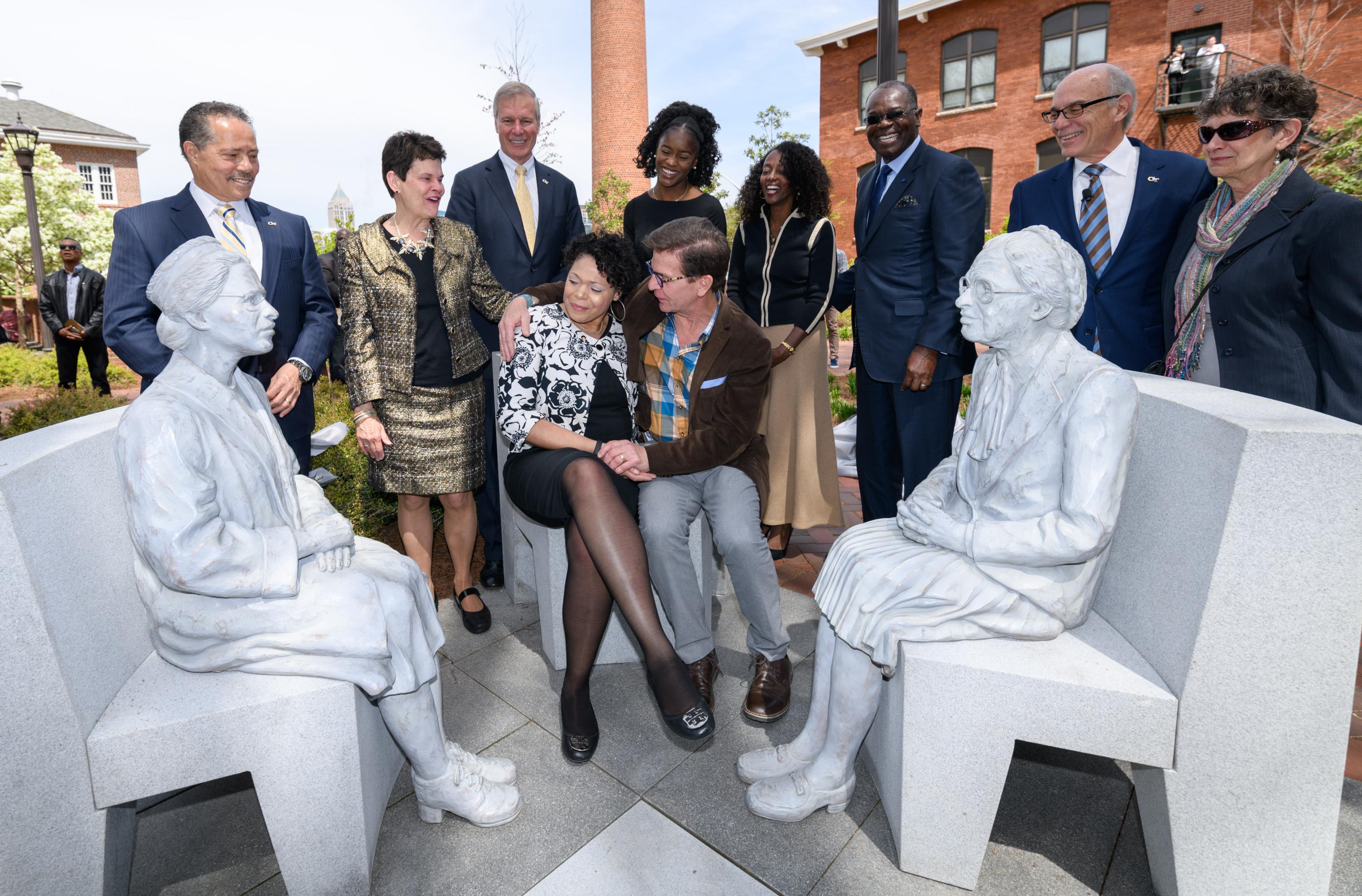 Georgia Tech unveiled a sculpture installation of Rosa Parks, called Continuing the Conversation. Seated are Urana McCauley, Parks’ great-niece, and Martin Dawe, the Atlanta artist who designed the piece. (Photo by Rob Felt) Georgia Tech unveiled a sculpture installation of Rosa Parks, called Continuing the Conversation. Seated are Urana McCauley, Parks’ great-niece, and Martin Dawe, the Atlanta artist who designed the piece. (Photo by Rob Felt)