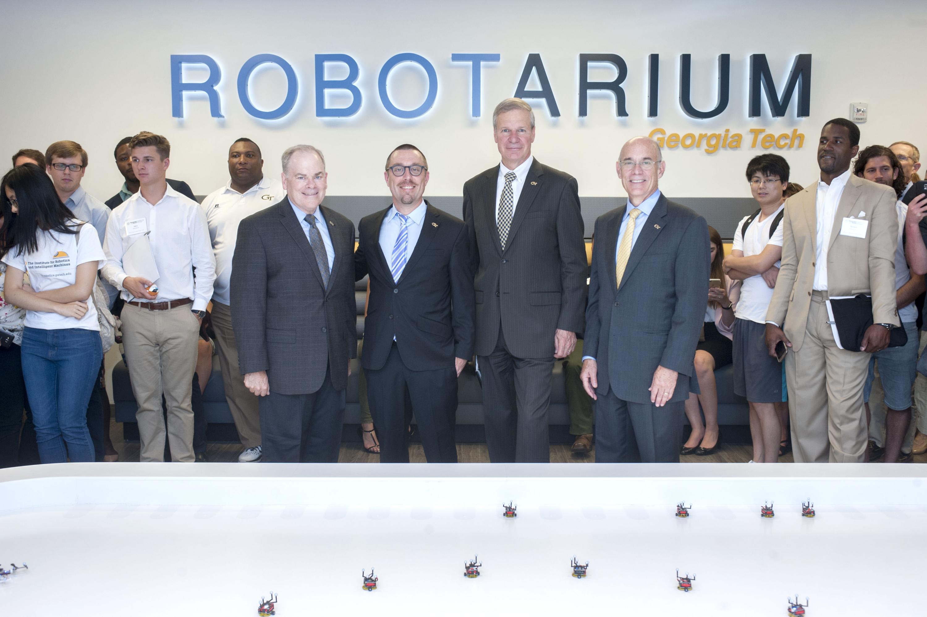 The Robotarium opens on August 22, 2017. From left to right: Steve Cross (vice president of research), Magnus Egerstedt, G.P. "Bud" Peterson and Rafael Bras (provost and executive vice president for Academic Affairs)