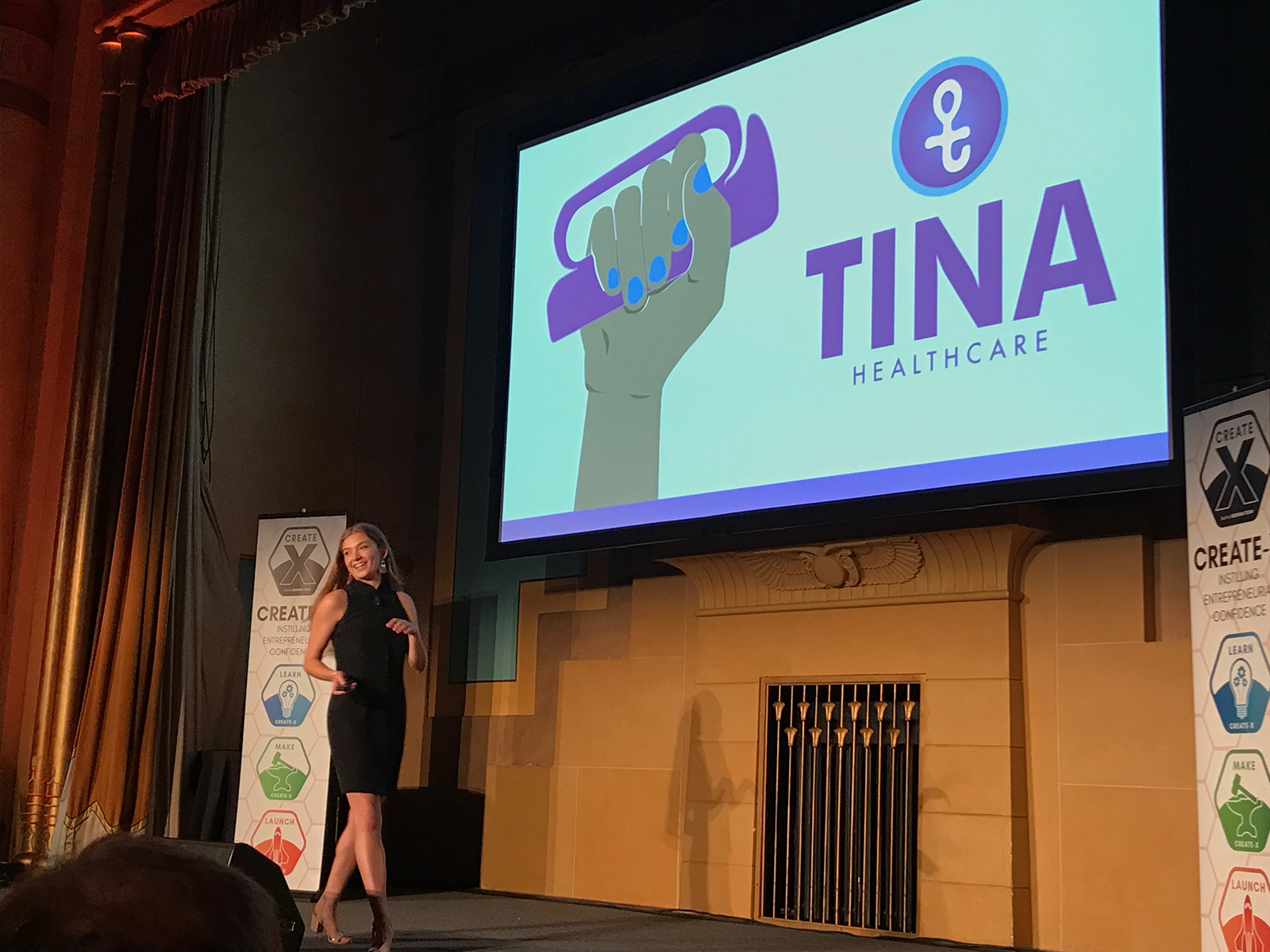 Sarah Bush and her startup, TINA, at CREATE-X Demo Day, held at the Fox Theatre in August 2018.
