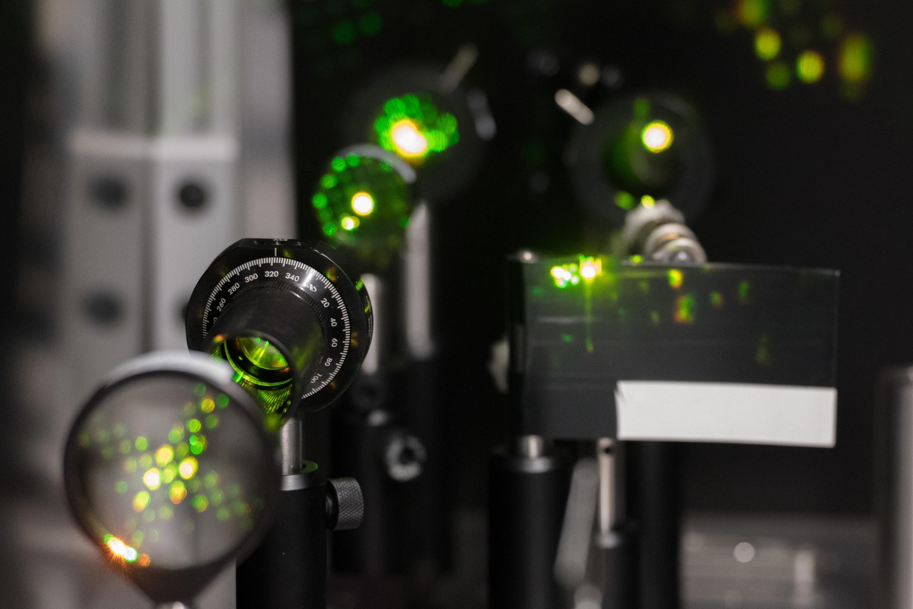 Laser light in the visible range is processed for use in the testing of quantum properties in materials in Carlos Silva's lab at Georgia Tech. Credit: Georgia Tech / Allison Carter Laser light in the visible range is processed for use in the testing of quantum properties in materials in Carlos Silva's lab at Georgia Tech. Credit: Georgia Tech / Allison Carter