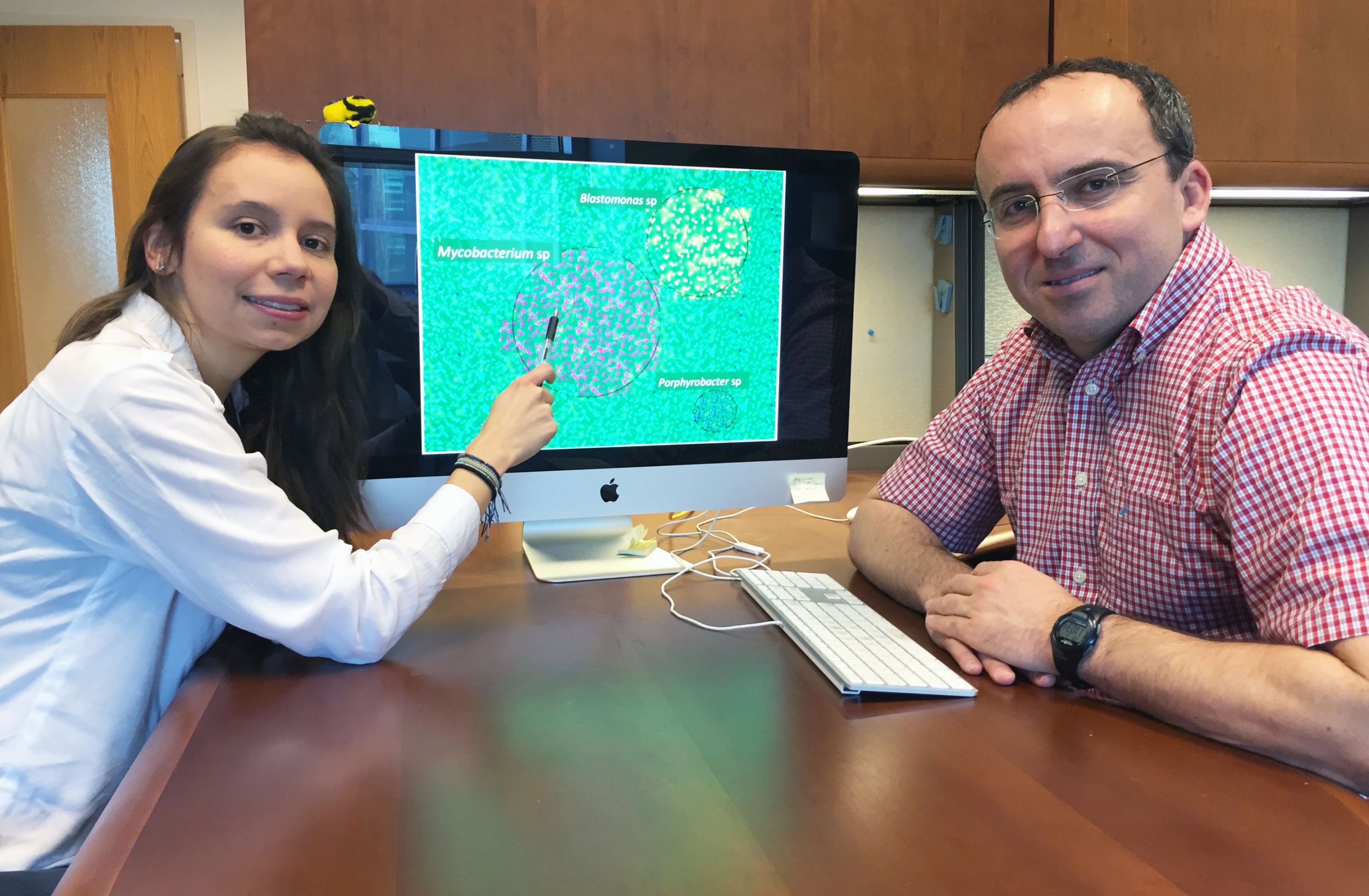 Georgia Tech Doctoral Student Maria Juliana Soto-Girón and School of Civil and Environmental Engineering Professor Kostas Konstantinidis are shown with images of bacteria. Research done with scientists from the U.S. Environmental Protection Agency documented bacteria in shower hoses taken from hospital patient rooms. (Credit: John Toon, Georgia Tech).