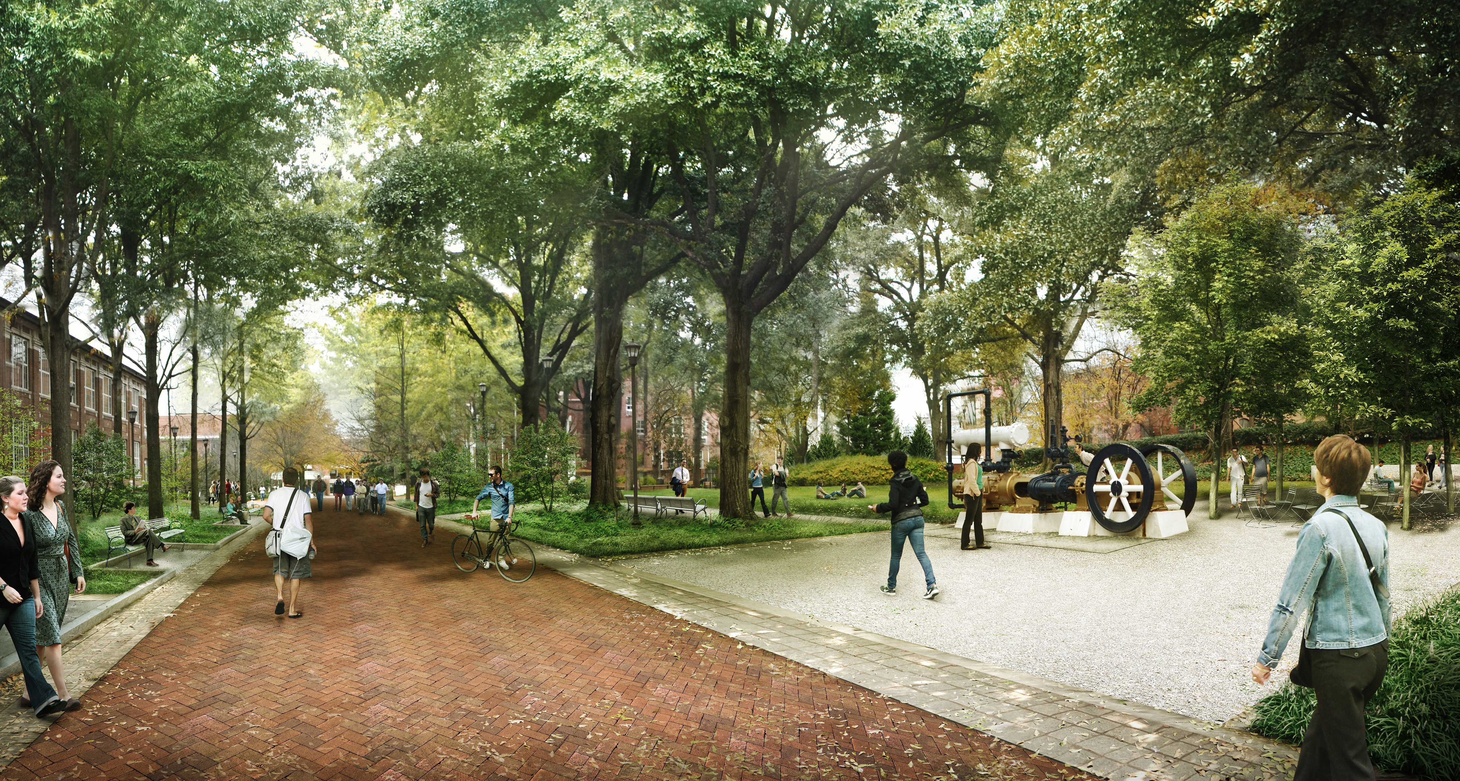 An artist rendering of a renovated Harrison Square, located within the Cherry Street corridor in the historic section of Georgia Tech's campus. 